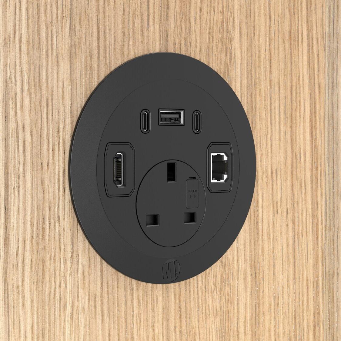 Metalicon S1-1P3C(1A/2C)1D Solo Plus In Desk Module, 1 Mains Power, 1 USB-A, 2 USB-C, 1 Ethernet Port