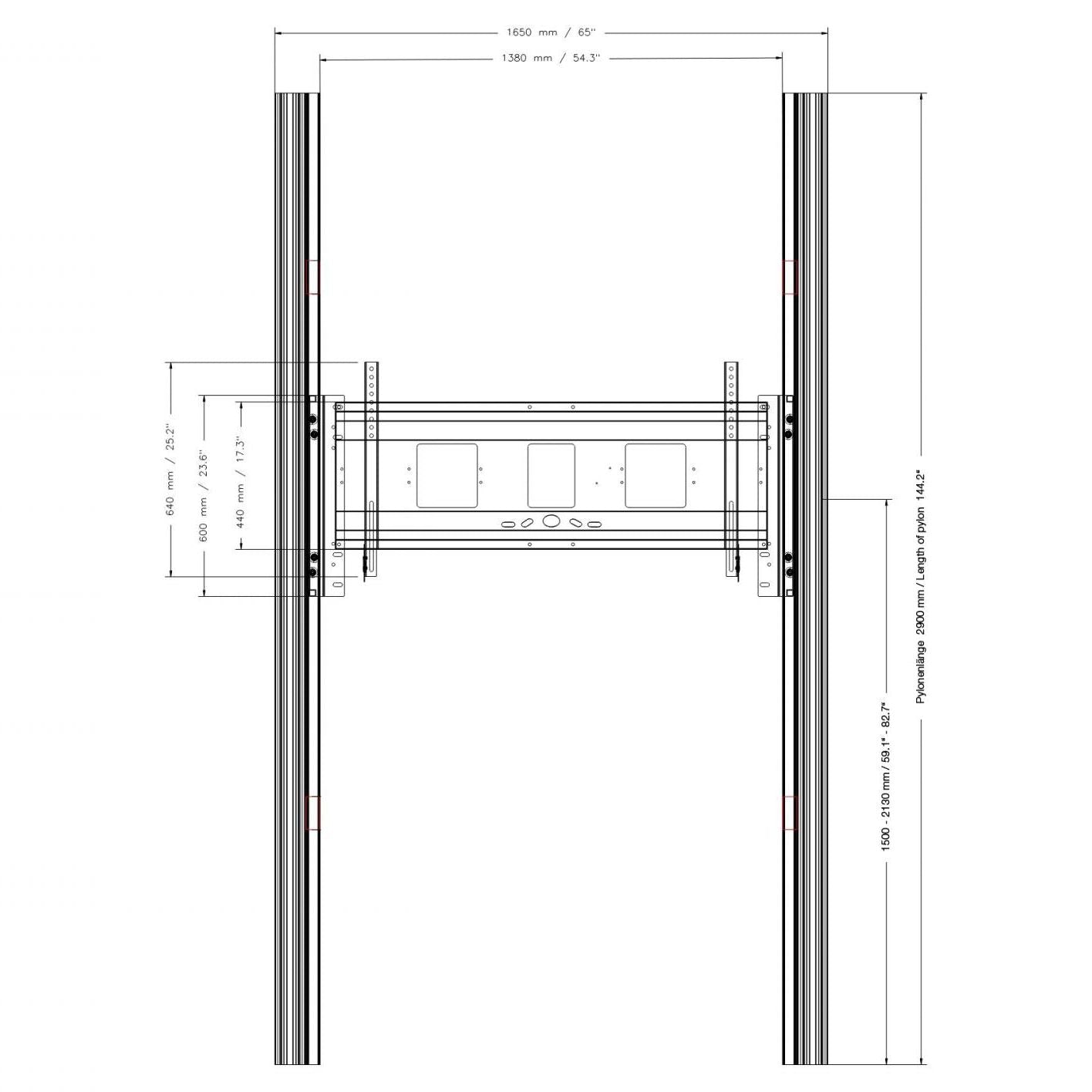 Conen PYF1-IFPD-W Wall Mounted 2 Pylon Sliding System For Displays From 65-86" Manually Height-adjustable With Pulley And Counter Weight