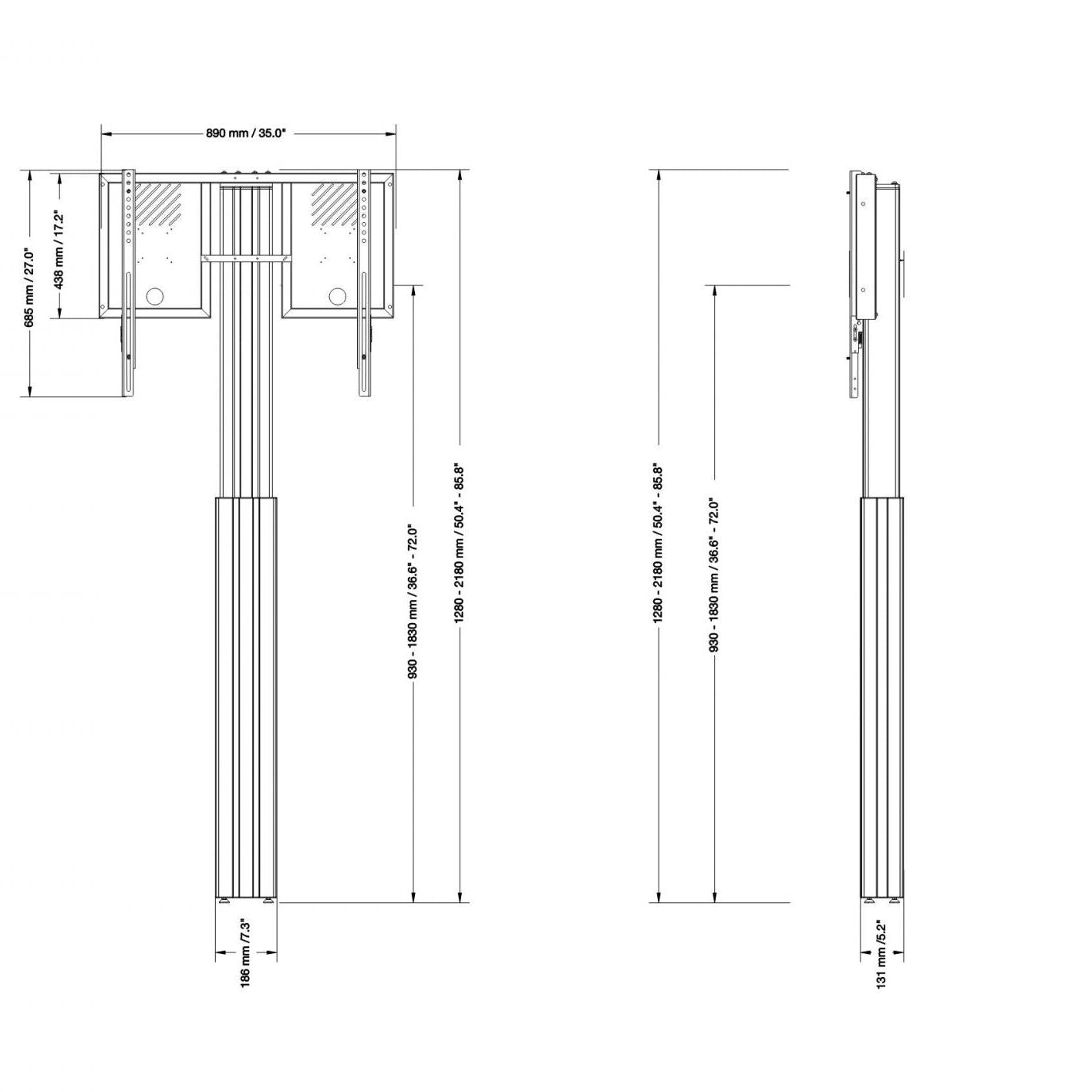 Conen RLI12090WBK Height Adjustable Monitor Wall Mount, Lite Series Black, With Anti-collision, Center To Floor 930 - 1830 Mm