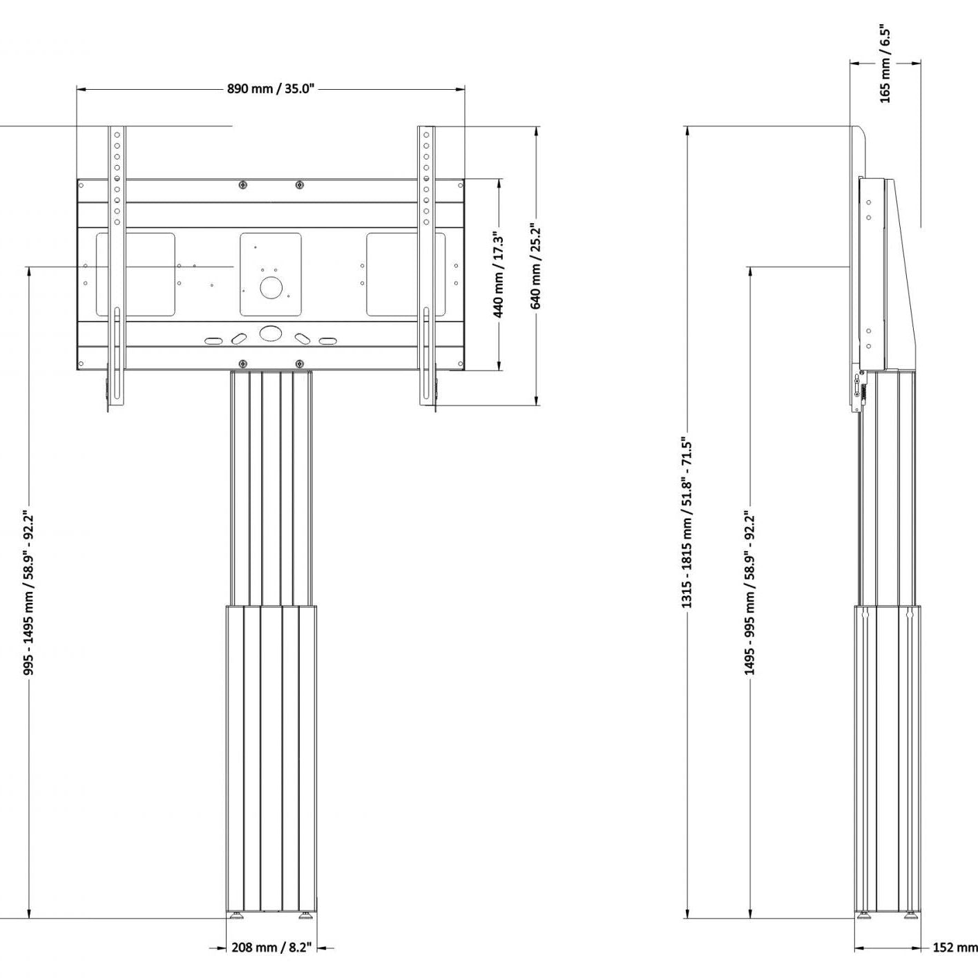 Conen SCETAWL Motorized Monitor Wall Mount, 50 Cm Of Vertical Travel Column Silver Anodized, Center Of Display 99,5 - 149,5 Cm